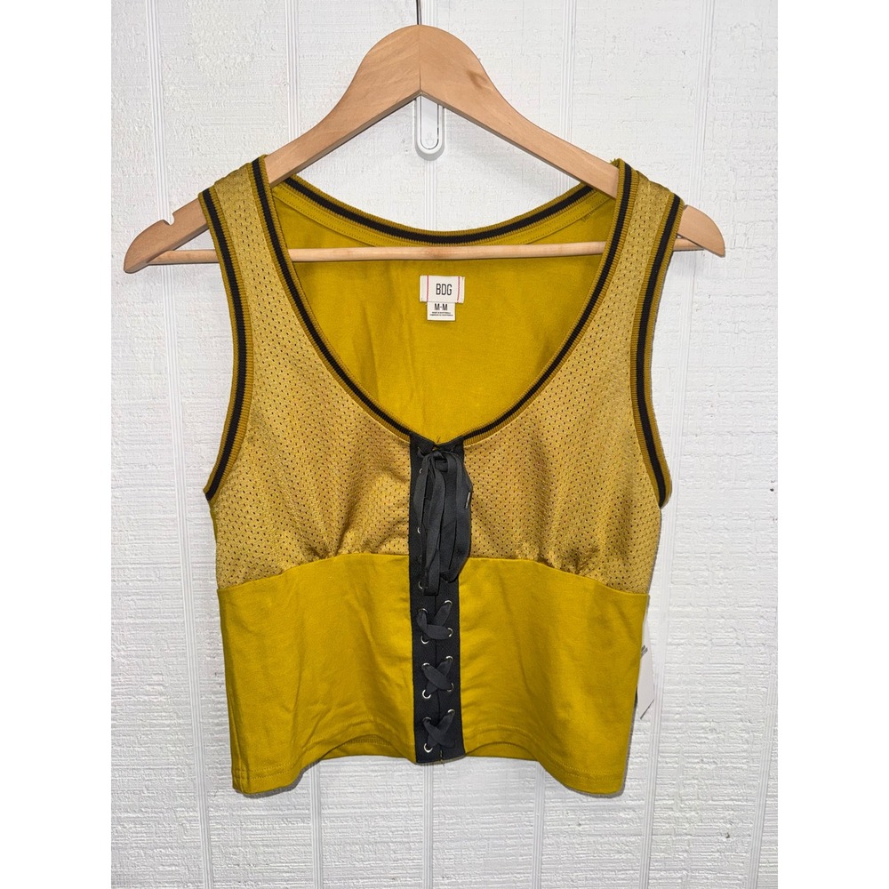 BDG Lace-Up Mesh Jersey Crop Top Women Mustard Yellow Sporty Medium